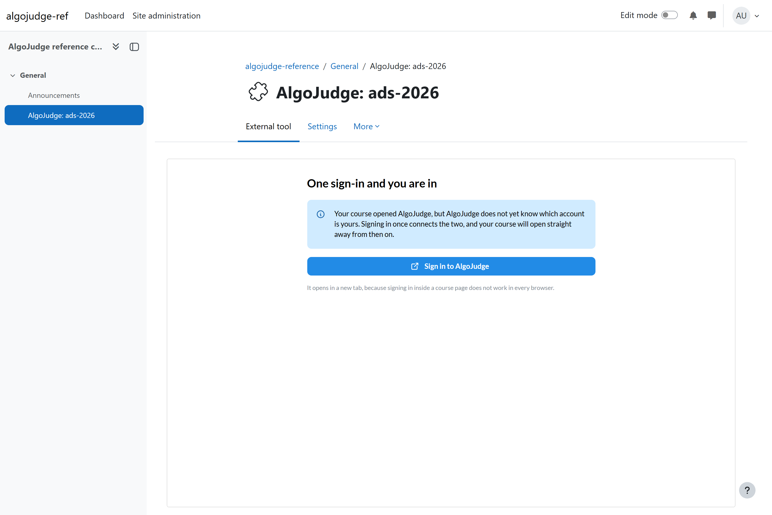 Pierwsze uruchomienie, wewnątrz strony kursu