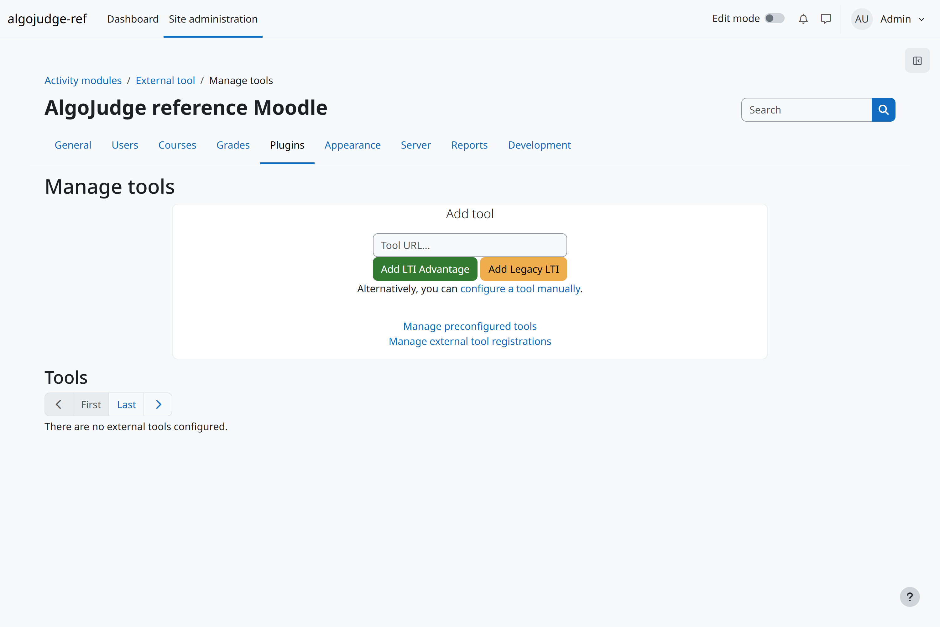 Moodle's Manage tools screen