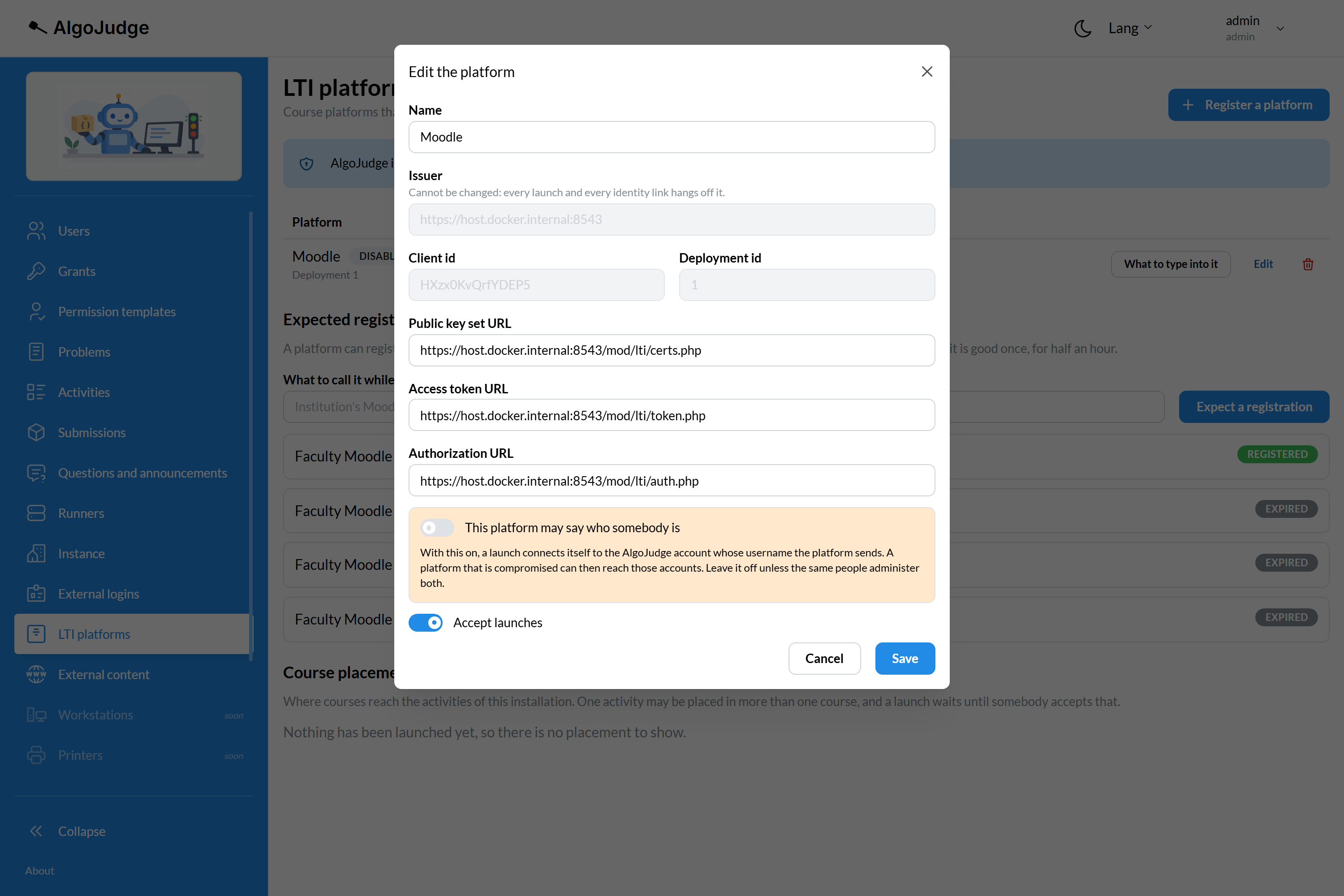 The platform's settings